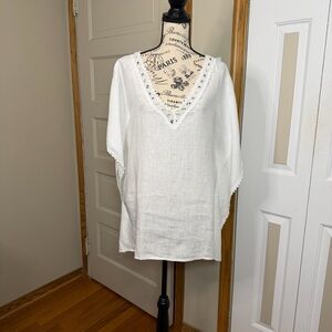 Bella Umbra Womens White Italian Linen Relaxed‎ Fit Crochet Accent Lagenlook Top
